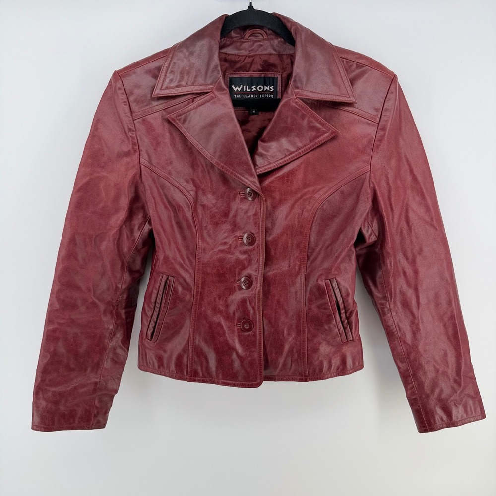 Wilsons Leather Jacket Womens M Burgundy Oxblood Genuine Leather Y2K Fitted